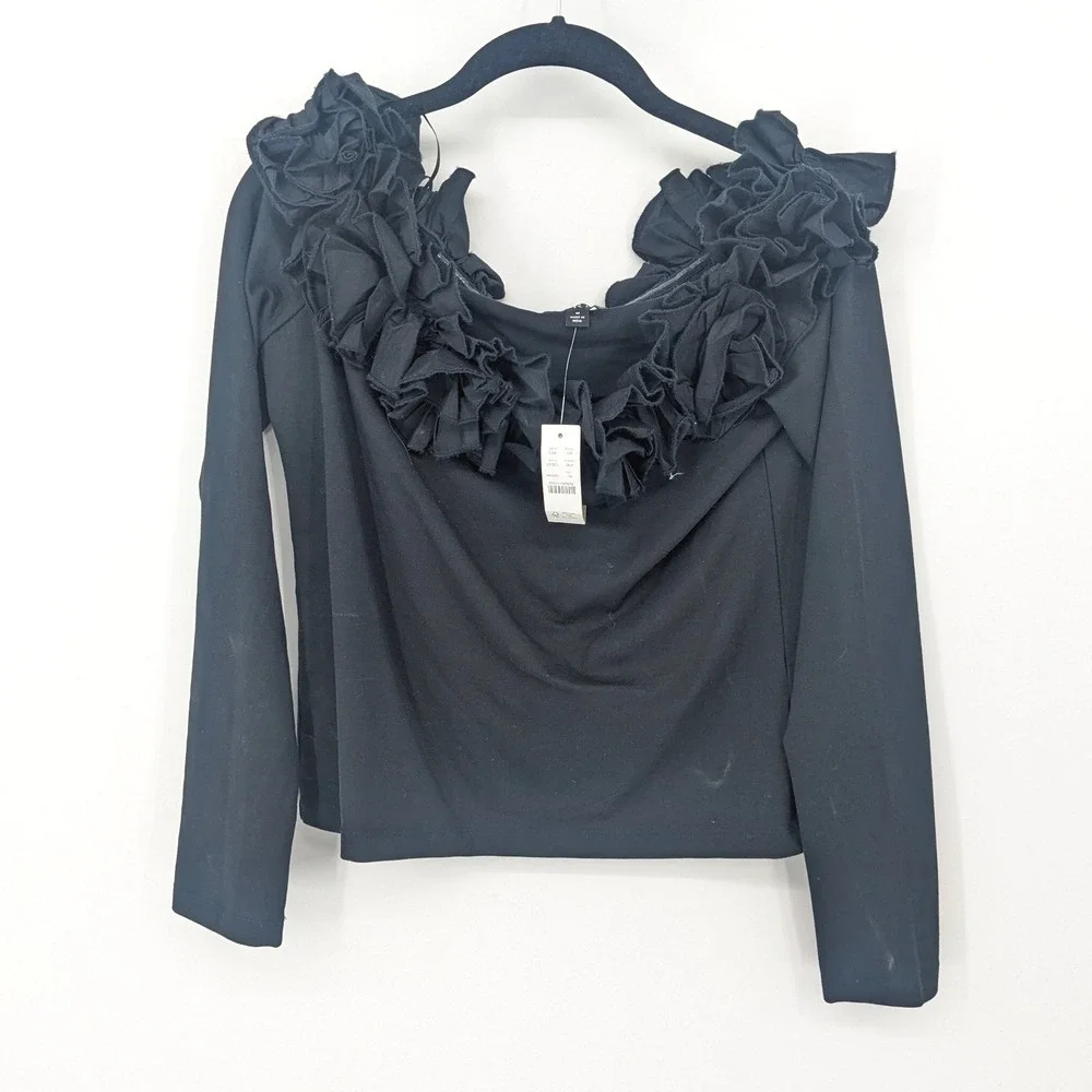 J Crew Off Shoulder Top Womens Medium Black‎ Ruffle Long Sleeve Blouse Party NYE